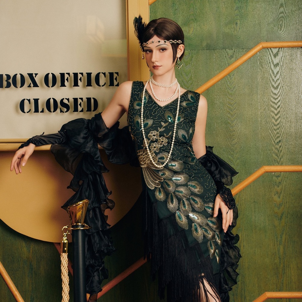Black Beaded Dress with Peacock Design - Picture 3 of 9